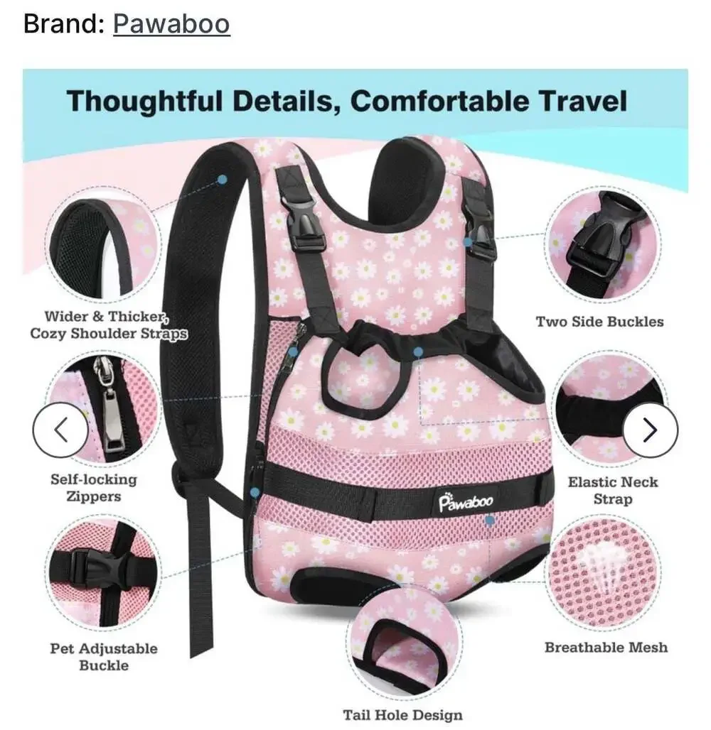Pawaboo Pet Carrier Backpack Adjustable Front Legs Out Dog Cat Bag Pink Daisy